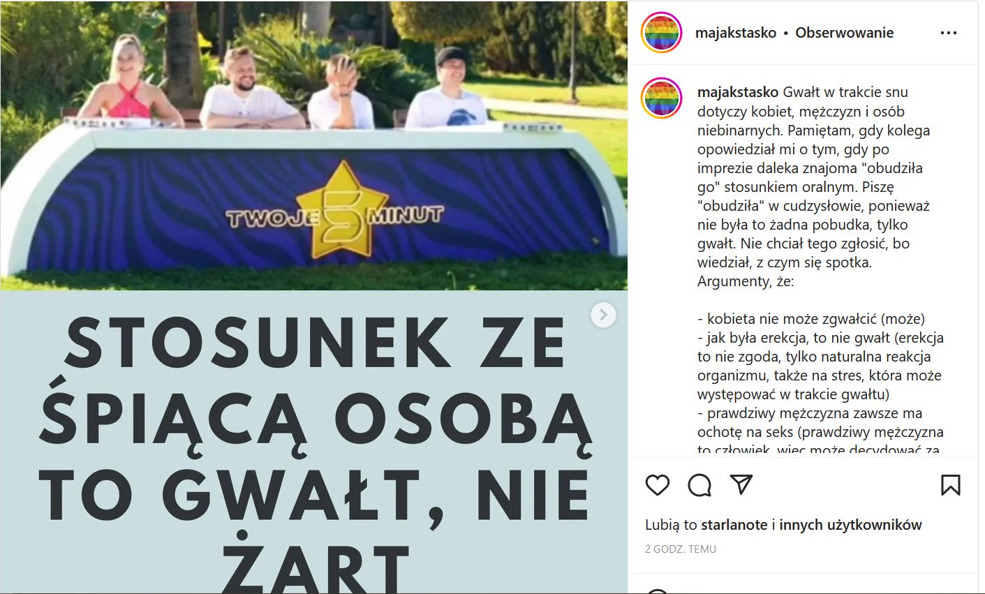 Screen posta Mai Staśko odnośnie programu "Twoje 5 Minut"