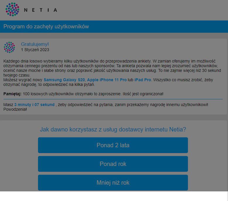 Fałszywa ankieta i wykorzystanie wizerunku Netii
