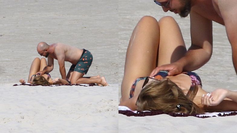 Agnieszka Kaczorowska z rodziną na plaży