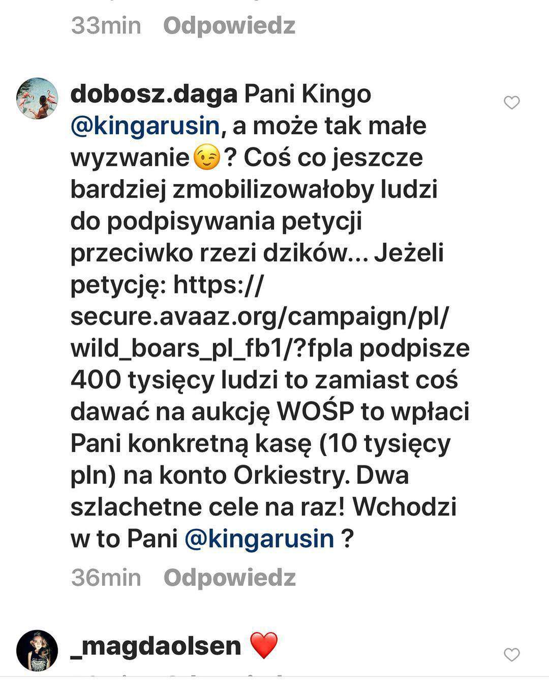 Kinga Rusin wpłaciła 10 tysięcy złotych na dziki