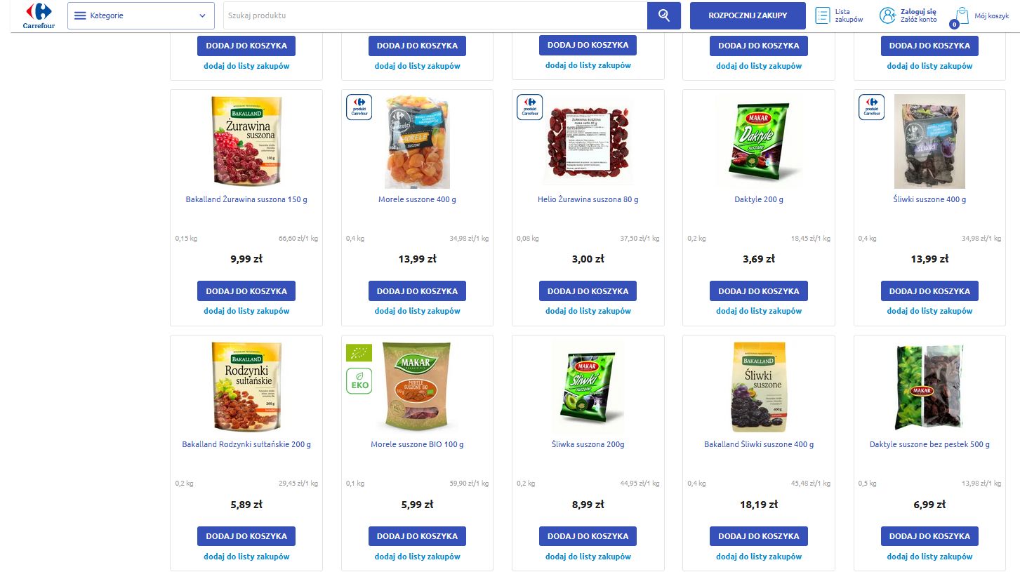 Ceny suszonych śliwek w Carrefourze. 
