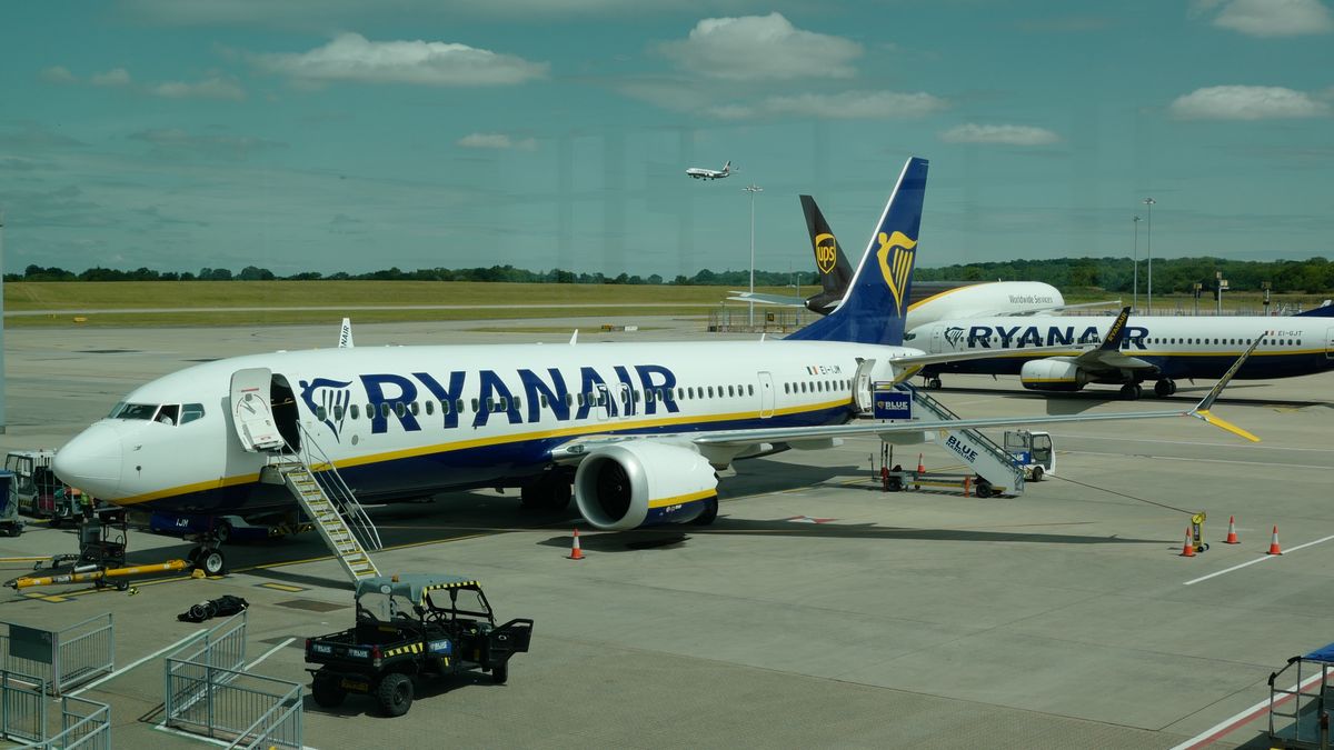 Ryanair aircraft in operation with passengers at Stansted Airport on July 09, 2025 in Stansted Airport, England, UK.