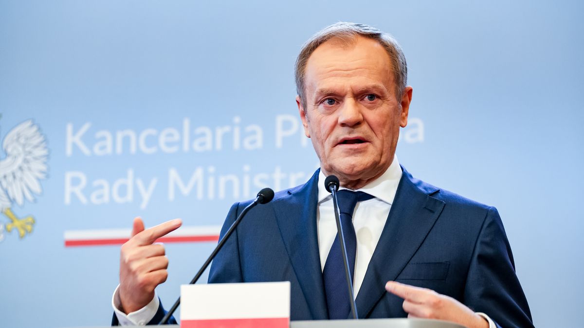 Polish Prime Minister Donald Tusk speaks to the press after bilateral talks with the Prime Minister of Canada, Justin Trudeau in the PM"s Cancellary on Ujazdowska Street in Warsaw, the capital of Poland on February 26, 2024. The meeting concentrated on the security and military arms of NATO members in the face of Russian aggression in Ukraine. (Photo by Dominika Zarzycka/NurPhoto via Getty Images)