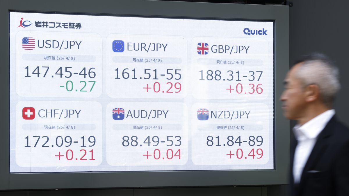 A screen displays the rate of the yen against the US dollar, top left, and other currencies outside a securities firm in Tokyo, Japan, on Tuesday, April 8, 2025. Shares in Asia rebounded after posting a historic loss, as Japan led gains on expectations that it will get priority in US trade talks. Treasuries gained after Monday's sharp selloff. Photographer: Kiyoshi Ota/Bloomberg via Getty Images