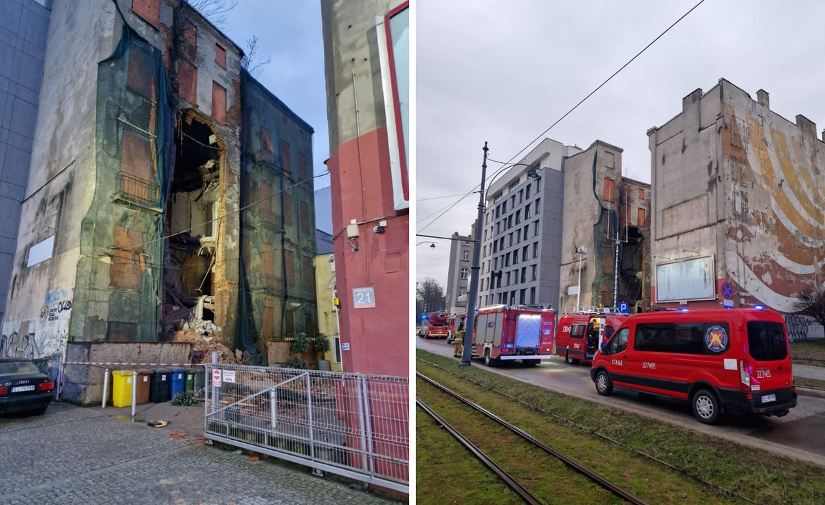 łódź, akcja straży pożarnej, zawalona kamienica, akcja poszukiwawcza W centrum Łodzi zawaliła się część kamienicy