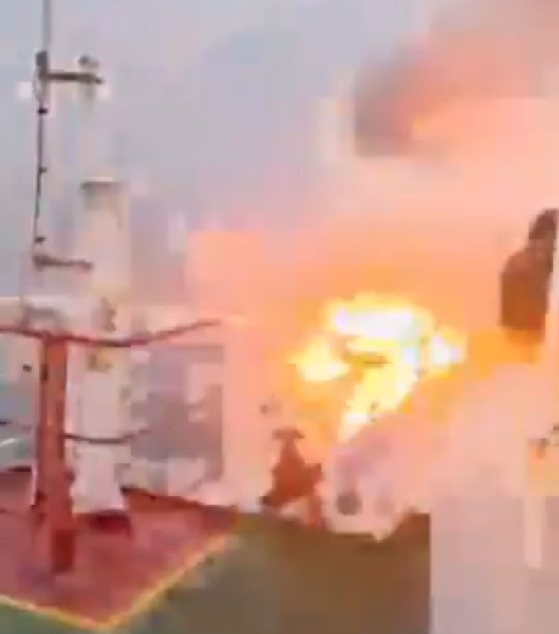 A Houthi kamikaze marine drone destroyed by armed security on a container ship.