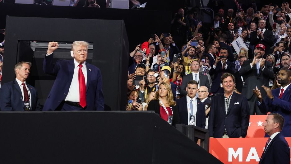 Milwaukee, Wisconsin, Monday, July 15, 2024 - Days after surviving an assassination attempt where a bullet grazed his ear, Donald Trump soaks in the adulation from delegates after being formally nominated as the Republican presidential candidate at the Republican National Convention at Fiserv Forum. (Robert Gauthier/Los Angeles Times via Getty Images)