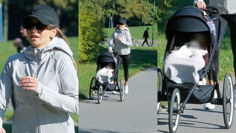 Anna Lewandowska biega po Polu Mokotowskim z Laurą w wózku