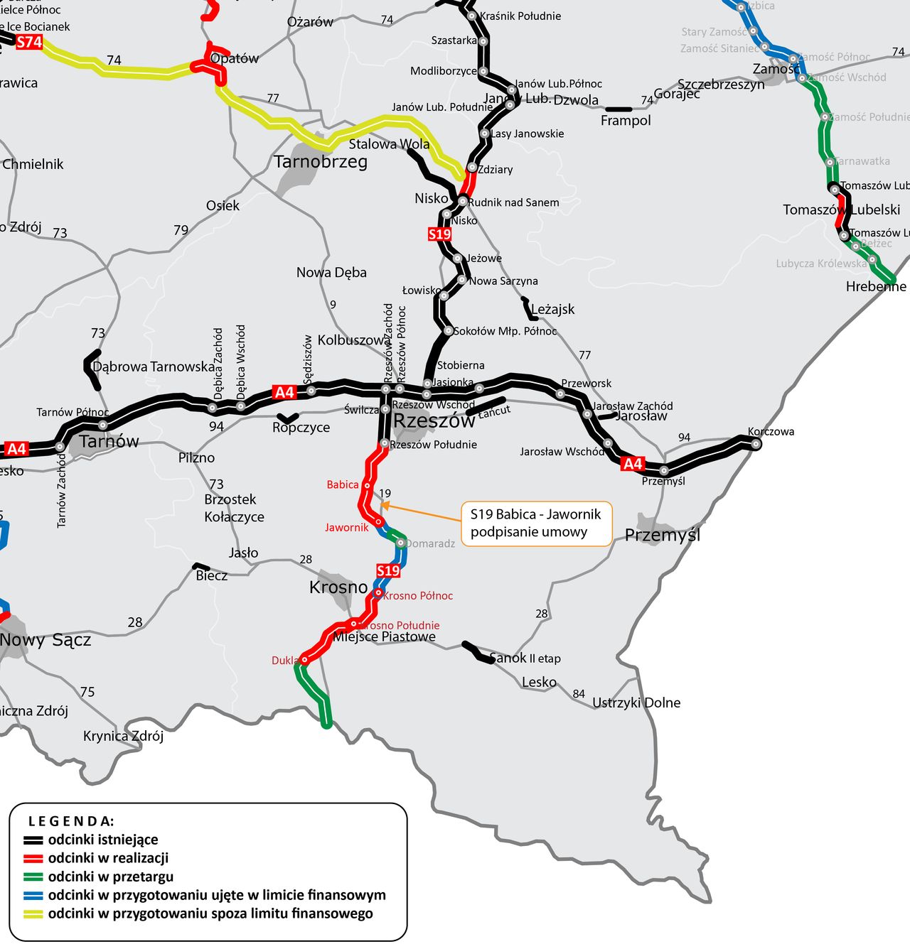 Mapa inwestycji S19 w woj. podkarpackim