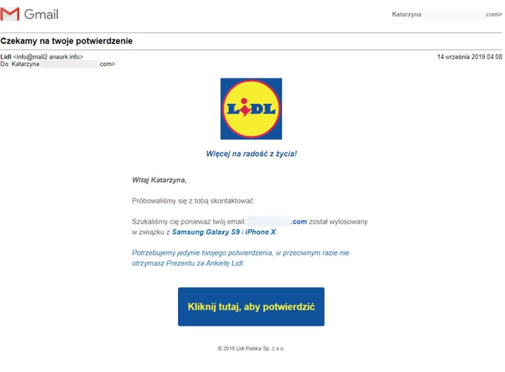 Lidl mail oszustwo screen