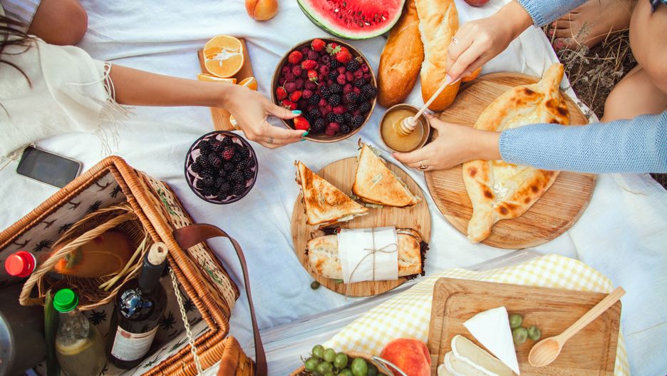 Picnic set with fruit, cheese, toast, honey, wine with a wicker basket and a blanket. Beautiful summer background with girl and products on nature
picnic, summer, fun, happiness, young, beautiful, lifestyle, women, girls, leisure, vacation, people, outdoor, girlfriends, alcohol, bottles, celebrating, celebration, holidays, joy, lemonade, sitting, peaches, grapes, watermelon, blackberries, toast, wine, blanket, cheese, honey, cucumbers, raspberries, orange, baguette, pretty, smiling, two, basket, bread, food, nature, girl, park, female, drinks, females