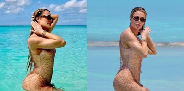 Instagram vs. paparazzi. Khloe Kardashian pluska podrasowane chirurgicznie krągłości w wodzie. Widzicie różnicę? (ZDJĘCIA)