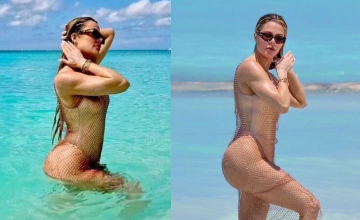 Instagram vs. paparazzi. Khloe Kardashian pluska podrasowane chirurgicznie krągłości w wodzie. Widzicie różnicę? (ZDJĘCIA)