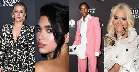 Grammy 2019: Rita Ora w piórach, elegancka Dua Lipa, A$ap Rocky w różu i nowa twarz Ellie Goulding pozują na imprezie Clive'a Davisa (ZDJĘCIA)