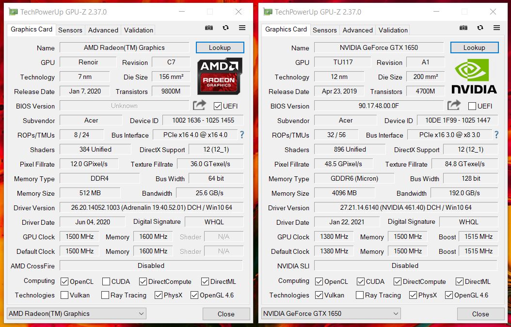 GPU-Z dla obu kart - integra vs nvidia