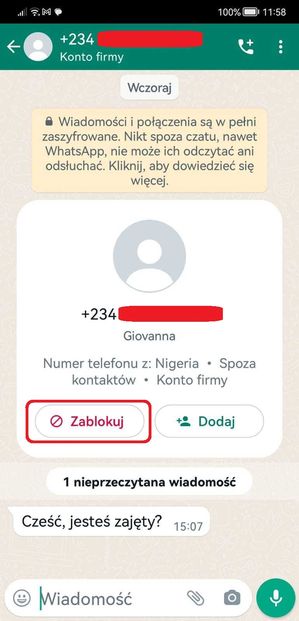 Blokowanie nieznanego kontaktu w WhatsAppie