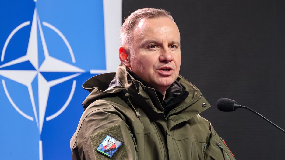KORZENIEWO, POMORSKIE, POLAND - 2024/03/05: President of Poland, Andrzej Duda speaks to press during a joint press conference with the President of Lithuania, Gitanas Nausda at NATO's Dragon-24 exercise, a part of large scale Steadfast Defender-24 exercise. The exercises, which take place mainly in Central Europe, involve some 90,000 troops from all NATO countries as well as Sweden. The aim of Steadfast Defender-24 is to deter and present defensive abilities in the face of aggression. (Photo by Dominika Zarzycka/SOPA Images/LightRocket via Getty Images)