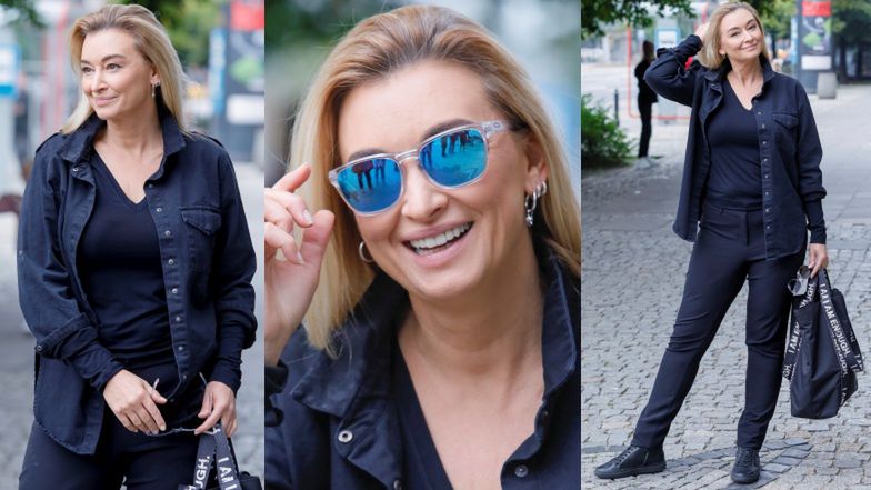 Promienna Martyna Wojciechowska przed budynkiem "Dzień dobry TVN"