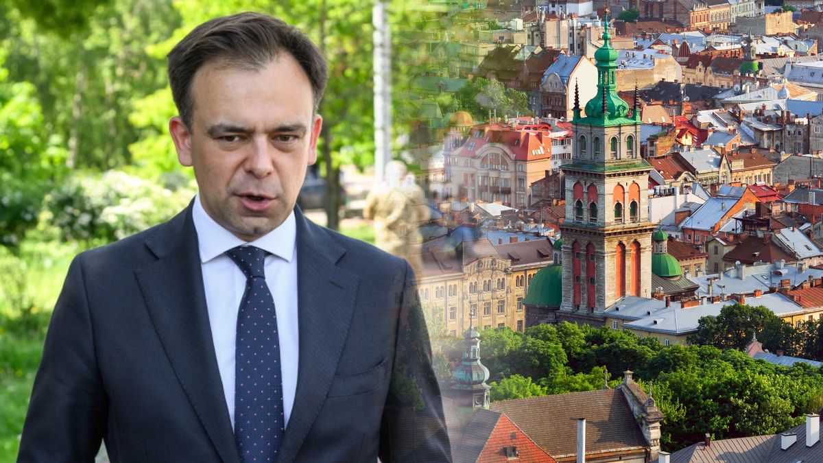 Na zdjęciu minister Andrzej Domański podczas wizyty w Kijowie i historyczne centrum Lwowa z lotu ptaka