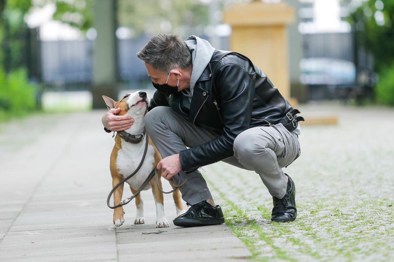 Krzysztof Ibisz na spacerze z psem