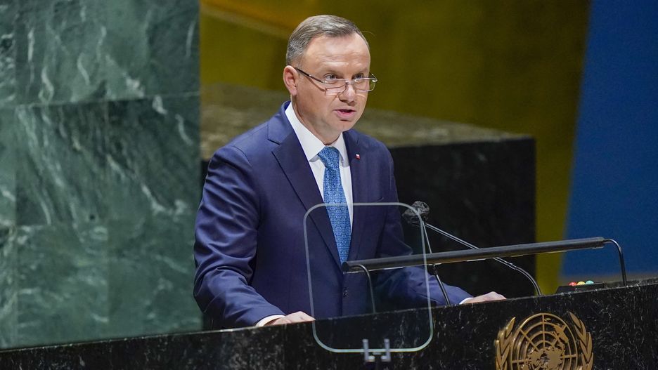 epa09480720 Poland's President Andrzej Duda addresses the 76th Session of the United Nations General Assembly remotely, in New York City, New York, USA, 21 September 2021.  EPA/Mary Altaffer / POOL Dostawca: PAP/EPA.