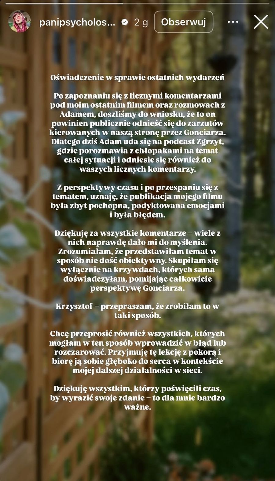 Psycholoszka przeprasza Krzysztofa Gonciarza