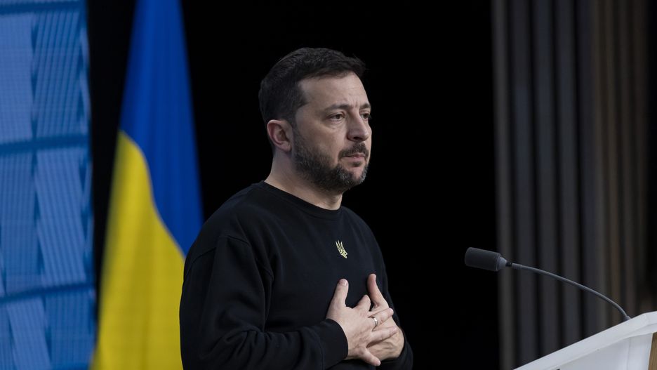 President of Ukraine Volodymyr Zelenskyy addresses a press conference during his visit at the European Council Summit, the EU leaders meeting at the headquarters of the European Union. The Ukrainian President responded to questions from journalists of international media, focusing on the victory plan and NATO. Brussels, Belgium on October 17, 2024 (Photo by Nicolas Economou/NurPhoto via Getty Images)