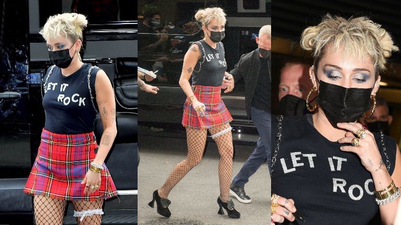 "Rockowa" Miley Cyrus w krótkiej spódniczce i kabaretkach przyciąga wzrok w Nowym Jorku. Pasuje jej taki styl? (ZDJĘCIA)