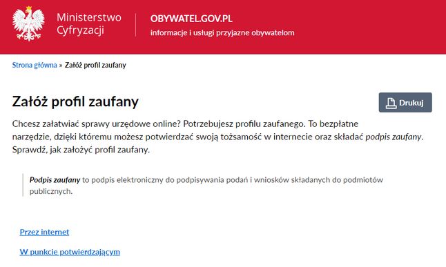 Rozpoczęcie etapu zakładania Profilu Zaufanego, źródło: obywatel.gov.pl.