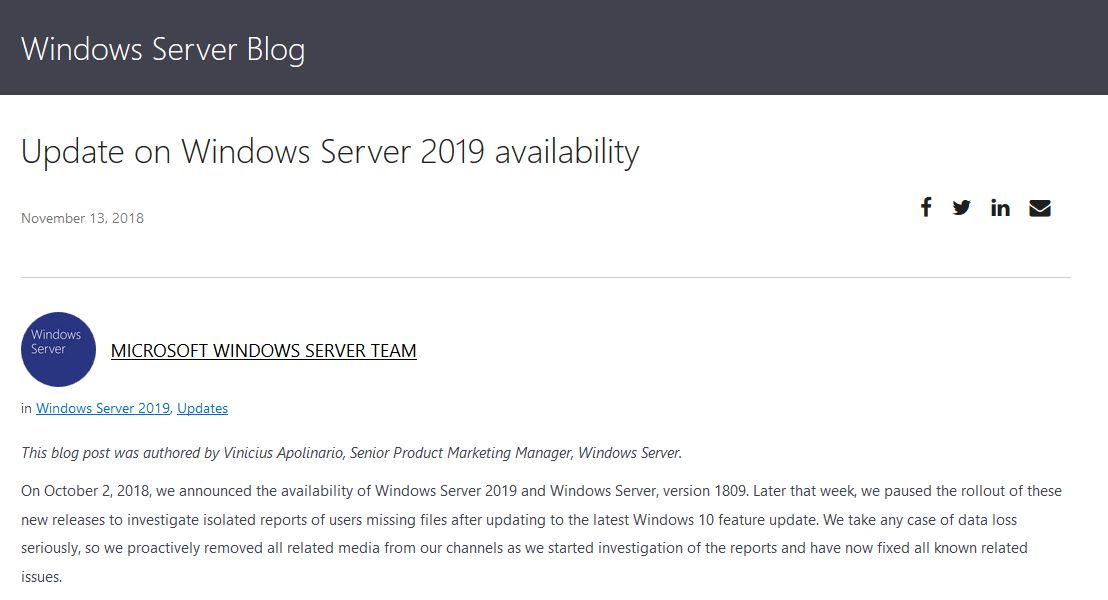 Same wymówki... (https://cloudblogs.microsoft.com/windowsserver/2018/11/13/update-on-windows-server-2019-availability/)