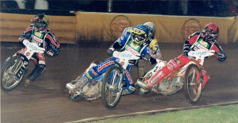 Pierwszy finał w Grand Prix. Vojens 2000. Od lewej Greg Hancock, Jason Crump, Stefan Dannoe i Nicki Pedersen