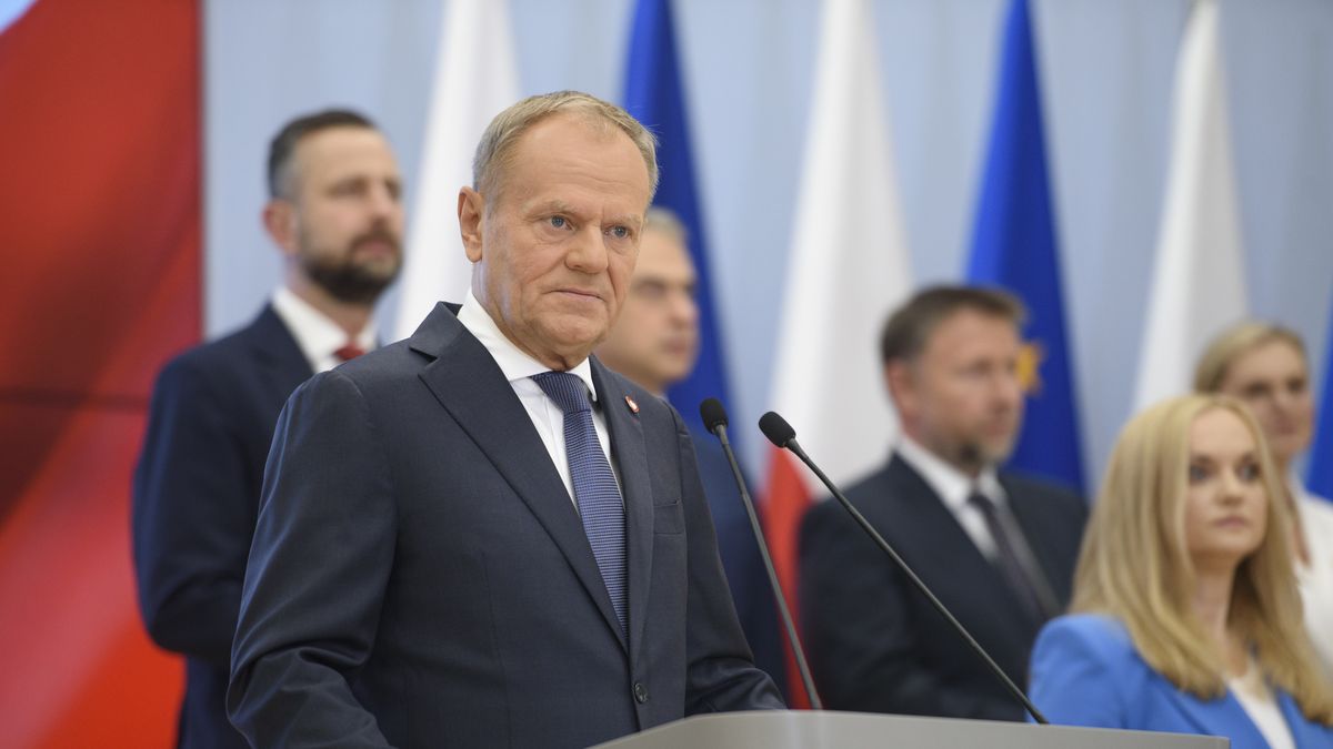Polish Prime Minister Donald Tusk speaks as he takes part in a press briefing regarding government reshuffle, Wednesday, July 23, 2025 in Warsaw, Poland.