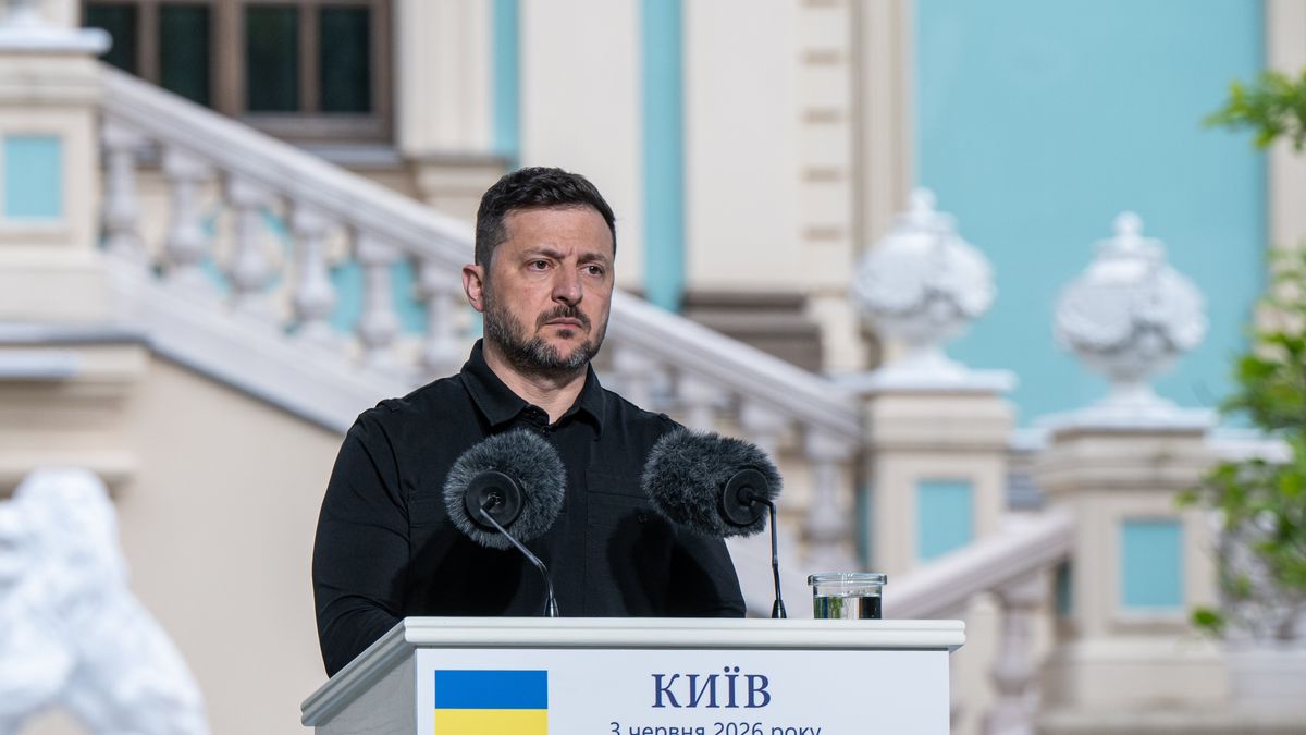 Ukrainian President Volodymyr Zelenskyy attends a joint press conference with NATO Secretary General Mark Rutte, who arrived in the capital on an official visit, following their meeting near Mariinskyi Palace, Kyiv, Ukraine, on June 3, 2026 (Photo by Danylo Antoniuk/Ukrinform) (Photo credit should read Danylo Antoniuk/ Ukrinform/Future Publishing via Getty Images)