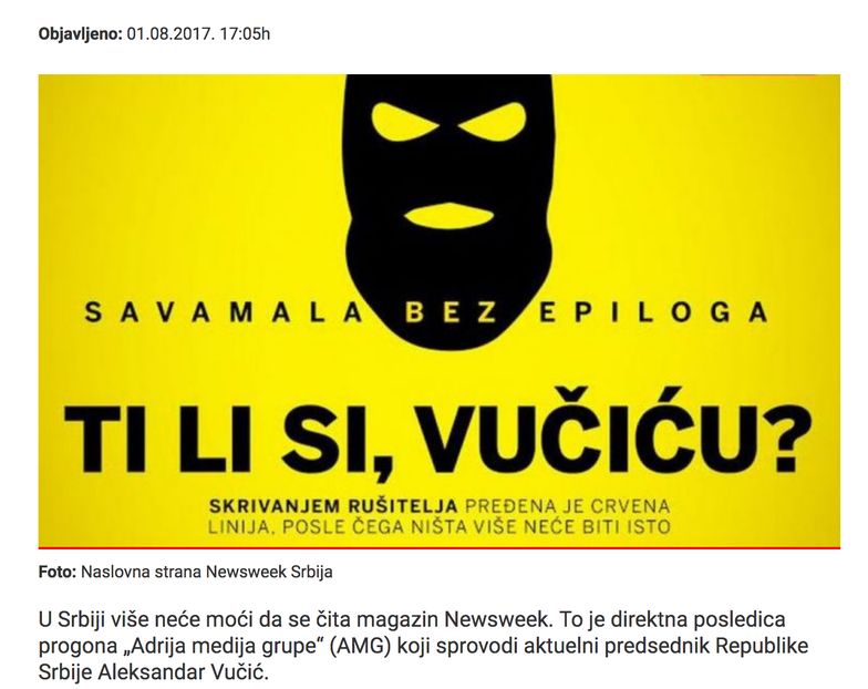 Komunikat pojawiający się na stronie serbskiego "Newsweeka"