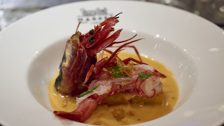 LISBON, PORTUGAL - MARCH 15: Dish of shrimp by Chef Susana Felicidade in Time Out Market Lisbon academy during the first edition of Chefs on Tour on March 15, 2023 in Lisbon, Portugal. Time Out Market host the first edition of Chefs on Tour with chefs Susana Felicidade, Time Out Market Lisbon, and Stephen Gillanders, Time Out Market Chicago, with the goal to provide a gastronomic experience that brings together the talent, ingredients and creativity of each of their kitchens. Chef Susana Felicidade, who has just joined the chefs' wing at Time Out Market Lisboa, presented three dishes that reflect her Algarve-based cuisine, the most regional and popular, with a focus on the Vicentine Coast region and its most emblematic products such as oysters, xerém and medronho. Chef Stephan Gillanders recreated in Lisbon three dishes from the menu of Valhalla, the fine dining restaurant he owns at Chicago's Time Out Market. (Photo by Horacio Villalobos#Corbis/via Getty Images)