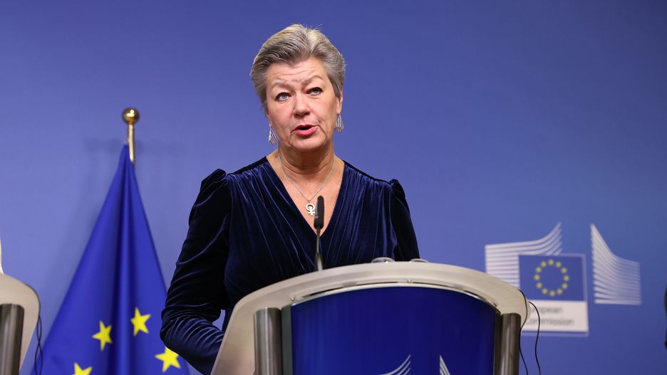 BRUSSELS, BELGIUM - MARCH 10: European Commissioner for Home Affairs Ylva Johansson and Moldovan Interior Minister Ana Revenco (not seen) hold a joint press conference ahead of the their meeting on border management in Brussels, Belgium on March 10, 2023. (Photo by Dursun Aydemir/Anadolu Agency via Getty Images)
