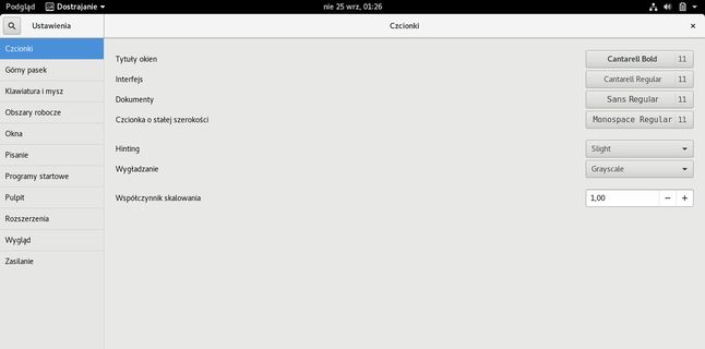 Modyfikacja opcji środowiska w GNOME Tweak Tool.