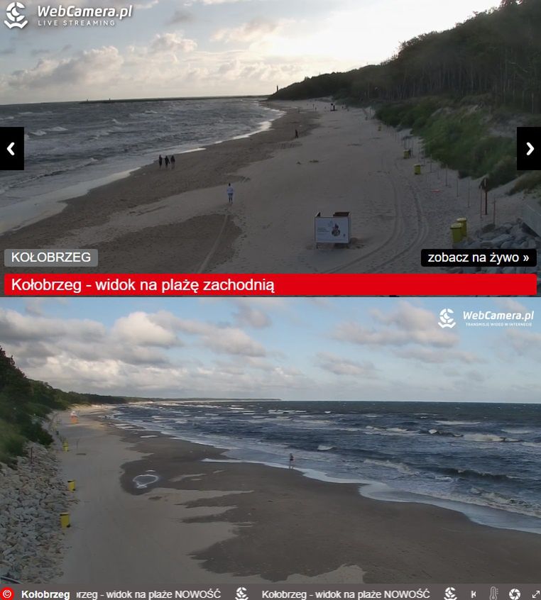 Widok na plażę w Kołobrzegu. Zamiast parawanów, są spacerowicze