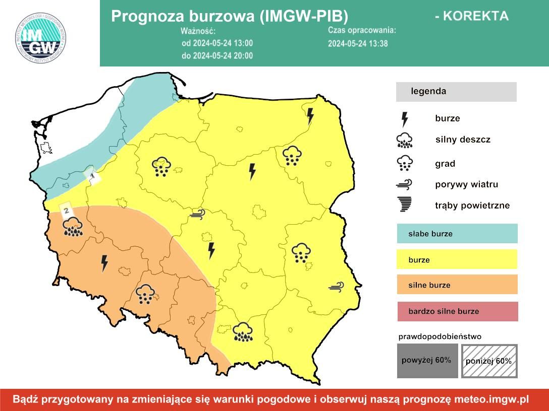 Korekta prognozy burzowej IMGW na piątek, 24 maja 2024