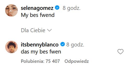 Selena Gomez and Benny Blanco exchange comments under the latest photo.