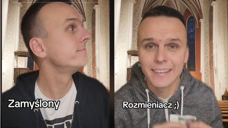 Ksiądz pokazał, jak wierni dają na tackę. 