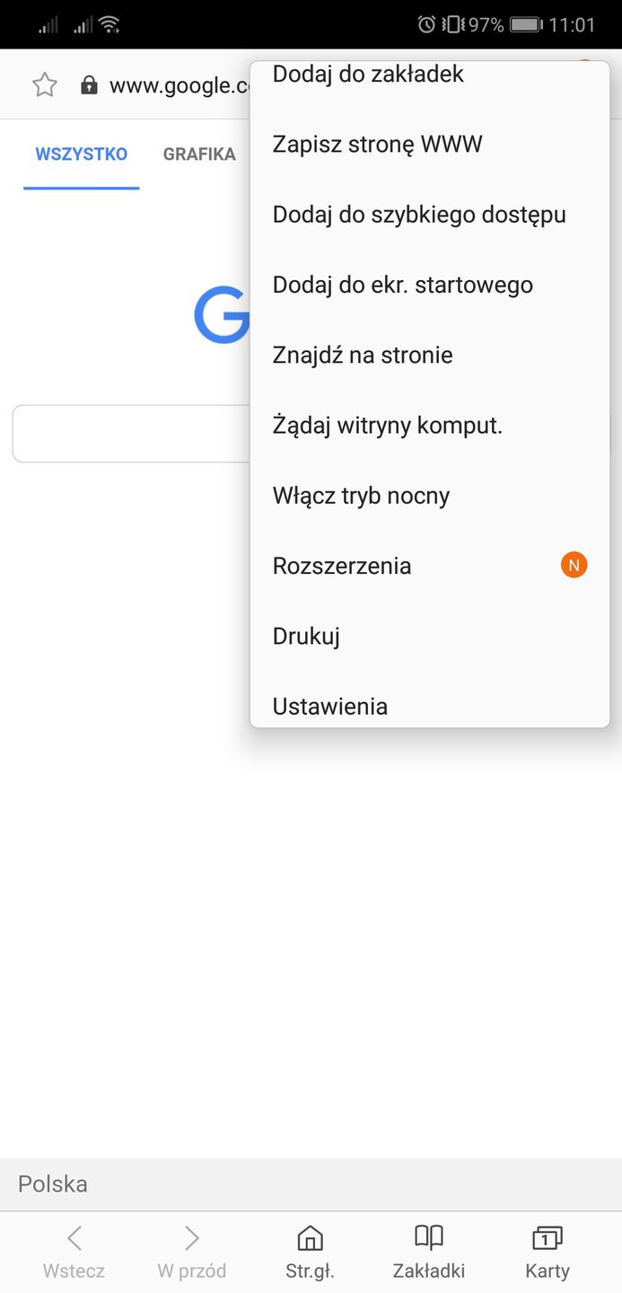 Samsung Internet: główne przyciski nawigacyjne znajdują się na dole ekranu.
