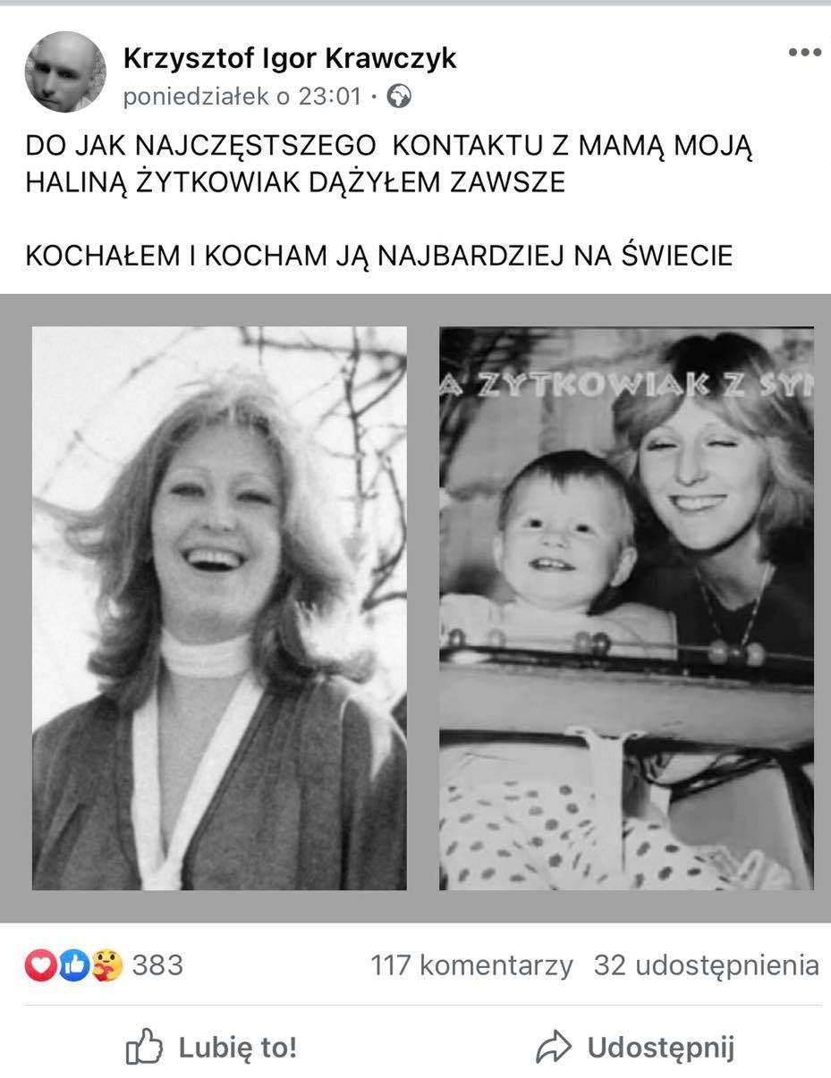Syn Krzysztofa Krawczyka wspomina mamę i wystosowuje dementi w serii nocnych wpisów
