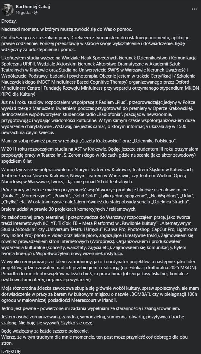 Wpis Bartłomieja Cabaja na Facebooku