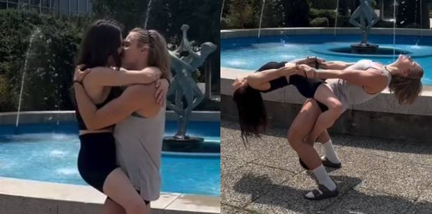 Katarzyna Zillmann i Janja Lesar CAŁUJĄ SIĘ przy fontannie i prezentują wymyślne figury... (FOTO)