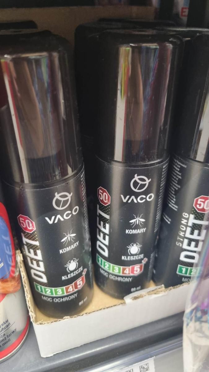 Vaco Spray komary, kleszcze. Skład: DEET 50g/100g,Geraniol 0,1g/100g 