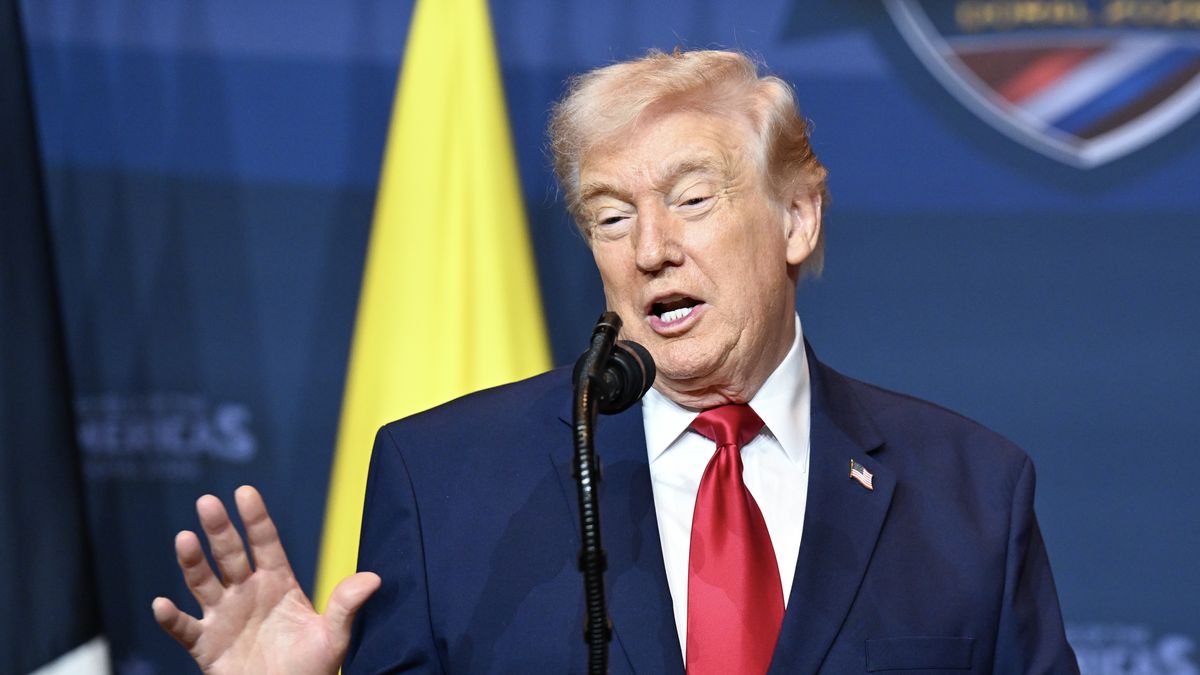 DORAL, FLORIDA - MARCH 07: U.S. President Donald Trump speaks as he hosts the “The Shield of the Americas Summit ,“ a gathering with heads of state and government officials from 12 countries in the Americas at the Trump National Doral Golf Club on March 7, 2026 in Doral, Florida. The White House describes the gathering as a landmark summit aimed at reshaping regional alliances and reinforcing U.S. influence in the Western Hemisphere. (Photo by Roberto Schmidt/Getty Images)