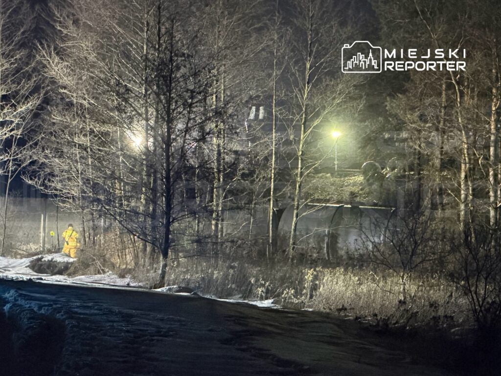 Strażak w żółtym mundurze pracuje przy oświetlonym miejscu w lesie w nocy, otoczony drzewami i śniegiem.