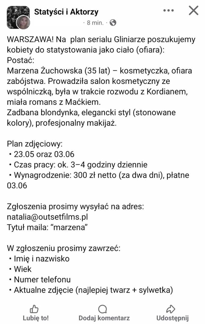 Poszukiwana statystka na plan "Gliniarzy"
