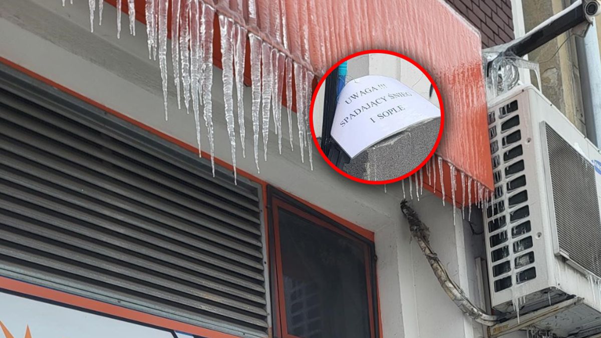 Karteczka ostrzegająca o soplach w Warszawie.